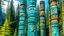 Placeholder: A cyan forest in the sky filled with Pacific Northwest Totem Poles designed in German folk art