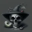 Placeholder: Realistic drawing of a Skull with a Witch hat, Skull has ghost eyes and is eating from a poison apple.