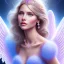 Placeholder: portrait of a beautiful woman with an angel face smiling, pink and blue dress, jewels, soft light aura