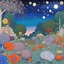 Placeholder: Colourful, peaceful, Max Ernst, Gustav Klimt, night sky filled with galaxies and stars, trees, rocks, giant flowers, one-line drawing, sharp focus, 8k, 3d