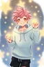 Placeholder: A young man with tousled pink hair and golden eyes floating among the stars wearing a light blue hoodie and black board shorts. He is smiling softly and holding a star in one hand. Photo realistic.