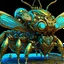 Placeholder: neon steampunk insect with kris kuksi sculpture style highly detailed objects, symmetric, front view, as trending in artstation, weird creature, dystopian, crisp detailed cogs and gear, jules verne, 3d rendered details, mad max, andrei kovbalev, fantasy art, human skin, dragon scales, complex gold or cooper ornaments, covered by many living tiny objects
