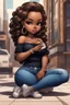 Placeholder: Create a urban culture art of a black chibi curvy female sitting on the floor looking at her cell phone. She is wearing tight blue jeans and a black off the shoulder blouse. Prominent make up with lush lashes. Highly detailed wavy ombre blonde and brown long hair. She is also wearing silver large hoop earrings