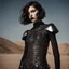 Placeholder: beautiful caucasian half cyborg woman, black metal body and limbs, chrome details, anorexic figure, short brunette wavy bob haircut, dystopian, desert scene