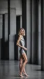 Placeholder: beautiful anorexic woman, total shot, short grey metallic triathlon swimsuit, short blond wavy bob hair, blurred concrete background