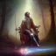 Placeholder: romantic fantasy spray painting, william Turner, close up on dark robed poet holding bow and arrow sitting on throne, loosing torch in magical forest with marble throne