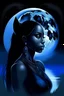 Placeholder: girl from the river, by night, moon in the sky, blue light from the water, diamond in her front, show her face and the diamond on her front she is a shaman, she stand beside a black panther