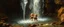 Placeholder: master oil painting by Rembrandt,cute trolls dancing inside waterfall, we barely see them inside the cascades