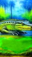 Placeholder: Green mystery lake, large crocodile, painting