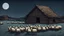 Placeholder: The sky at dark night is blue with stars and some sheep in the barn 2000 years ago