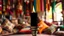 Placeholder: black fire flame in an antique candlestick, which is in front of an oriental background, oriental colors and objects, in the background blur pillows on the floor, and colorful scarves hanging from the ceiling, the sharp focus is on the black flame, high realistic photo
