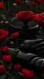 Placeholder: A wooden judge's gavel engraved with Tatiana's name. Next to a black pistol and two black leather gloves. Placed in a field filled with red poppies.. Dark garden background. Dark garden background cinematic.