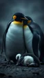 Placeholder: ,surrealism of the dark of a nightmare , hyper photorealistic, hyper detailed bright art color, high resolution, fog, octane render, tilt shift, HDRI Environment, all pictures dark gray, 2 sad penguins hugging each others , a baby penguin is laying down dead