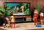 Placeholder: [1960’s stop-motion animation style in the living room: the sound woman in jungle bikini is the star] a 70s humour funny advertisement video TV featuring The Brady Bunch, Gilligan's Island, Laugh-In, The Partridge Family as a claymation character toy from a claymation horror movie in burning rainbow land, from hell, creepy Videos, eyeballs and trees everywhere , as old advertisement shot on video VHS