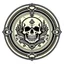 Placeholder: A simple crest that is one inch in diameter that depicts a throne decorated with a single skull on it's top