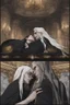 Placeholder: Toomb of the vampire Count Strahd Von Zarovich. Grand room, stone and marble, dark, black coffin made of polished ebony wood and brass. No windows. Perspective close to the coffin. Strahd leaning back on the coffin, being kissed by a woman with long white hair.