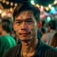 Placeholder: A portrait of a beautiful asian man in 2023, at an outside party, aged 25, with color