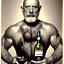 Placeholder: burly muscular ugly 58 year old man bald with short beard and tank top manly chest chooses a bottle of wine in a cellar full of wine bottles dramatic light angry eyes highly detailed