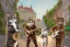 Placeholder: Group of three mature cats musicians, one cat playing guitar, one cat playing drums, one cat holding microphone and singing, street, Vienna, smiling, sunny day, model style, hyper realistic, extremely accurate, delicate, extremely detailed, Graphic novel style, wide-angle, open aperture, superfine pencil