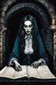 Placeholder: create a fine art print illustration of the spectral shade of an emaciated 13th century Jewish female vampire fortuneteller, clothed in an ornate but ragged bliaud with highly detailed feminine facial features, in the catacombs of the old city of Krakow, shrouded in a fetid mist at midnight , in the comic book art style of Bill Sienkiewicz, and Jean Giraud Moebius, finely textured, drawn, colored, and inked