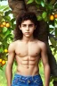 Placeholder: beautiful 12 year old arabic boy with long, curly hair and light blue eyes, no abs, smiling, shirtless, in front of a distant mango tree