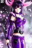 Placeholder: Detailed cute anime Kunoichi girl, purple hair buns, purple bangs, black latex bodysuit, intricate details, full body portrait, keep head in frame, slight smile, black Japanese motif, concept art, highly detailed, digital painting, concept art, sharp focus, illustration, art by Yoji Shinkawa, WLOP and greg rutkowski and alphonse mucha and artgerm and yanjun Chen and Junji ito and Makoto Shinkai, HDR, octane render