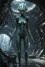Placeholder: scary alien creature with alien skin,(((Beautiful drooping eyes))),(((Slightly longer arms)))、((long neck)))、Normal shoulder width、(short thighs)、(((Long below knee)))、(((thick waist)))、(Fairly long torso), with a damp and steamy highly detailed spaceship corridor in the background, full body, perfect face, detailed face, perfect body, highly detailed body, highly detailed skin, superior artificial intelligence, half of the face is robotic skeleton, stunning facial details, 45 degree angle of