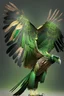 Placeholder: Chicken with a massive wingspan, green acacia leave color, feathers, gripping talons, large beak