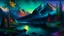 Placeholder: Serene landscape by night with northern Lights with river running trough mountains, a forest with a lot of vibrant colors, in the style of bob ross, thomas kadinskade and albert bierstadt. Peacefull and calming, intricate details, vibrant.