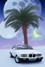 Placeholder: 1980's aesthetic vaporwave palm trees with lighting with moon with bmw in the winter snow