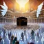 Placeholder: The scene in Mecca: People wearing white Ihram clothes, men without head coverings, women with veils, circumambulating around the Kaaba, and above them are transparent white spirits of children, men, and women with wings revolving around the Kaaba.