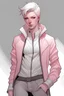 Placeholder: drawing of ftm superhero with short blonde hair, pink and grey costume, and white mask. costume is a grey bodysuit with pink leather jacket
