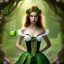 Placeholder: delicate hands with apple, headband, upper body of dark celtic alice in wonderland, fast walker, as a brunette young cute feminine woman, short hair, green forest background, pond, mega flowers,peacock,sun light