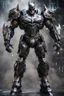 Placeholder: Fullbody photography front view of a Batman mech in transformative style, his metallic skin gleaming with intricate textures and intricate details, captured in an ultra-realistic style that blurs the lines between reality and imagination, cosmic background