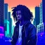 Placeholder: illustration art style black man long curly hair indoor background city