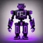 Placeholder: black and purple neon geometric bipedal robot with no arms that has a plus sign symbol for the 'eye' in a black monochrome world