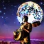 Placeholder: cyborg one man band, instruments, full moon background center large, steampunk style, 3d, hd