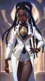 Placeholder: sci-fi, arcane animation series style, league of legends, Solo, 1girl, attractive female with freckles, african, dark skin, golden eyes, dark hair, braided dreadlocks, earrings, makeup, (detailed skin texture), white and indigo-blue suit