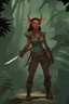 Placeholder: A DnD character. A female horned Tiefling ranger with pointy ears standing in a jungle. The Tiefling has a little pterosaurs on her shoulder and a rapier in her hand.