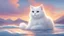 Placeholder: Draw me a picture in a realistic cartoon style of a white cat with soft hair in a beautiful sea setting with snowy mountains and a beautiful sunset, and the picture appears in the form of a children's story in many colors.