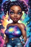 Placeholder: vibrant psychedelic comic book image, airbrush, 48k, cartoon art of a chibi curvy black female wearing torn jeans pants and a sapphire tie dye off the shoulder blouse. Prominent make up with lush lashes. Highly detailed sleek wavy ponytail