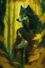 Placeholder: In the heart of a dense and enigmatic forest with towering ancient trees cloaked in emerald, yellow and amber foliage stands an ethereal beauty, her face is perfect, her lustrous hair cascading in ebony waves down to her slender waist in the background just the crimson eyes of a large demonic dog are visible