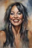 Placeholder: head and shoulders portrait, Miss Motley Crue - well-shaped, perfect figure, perfect face, laughing, a multicolored, watercolor stained, wall in the background, oil painting in the art style of Norman Rockwell, 4k, 8k, 32k UHD, Hyper realistic, extremely colorful, vibrant, photorealistic, realistic, sharp, highly detailed, professional quality, beautiful, awesome, majestic, superb, trending on artstation, pleasing, lovely, Cinematic, gorgeous, Real, Life like, Highly detailed,