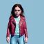 Placeholder: Zoey deutch toddler, full body, leather jacket, floral shirt, floral skirt, Nike sneaker, soft skin, city background, dramatic lighting, hyper realistic