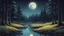 Placeholder: a 16 bit color, beautiful, serene forest scenery, trees, moon, stream, grass, reflection, evening time, darkish night