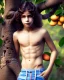 Placeholder: beautiful 12 year old arabic boy with long, curly hair and light blue eyes,shirtless, in front of a distant mango tree