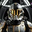 Placeholder: star wars bald male corellian pilot wearing gunmetal grey and black First Order special forces TIE pilot armored flightsuit and helmet with gold trim inside the jedi temple, centered head and shoulders portrait, hyperdetailed, dynamic lighting, hyperdetailed background, 8k resolution, volumetric lighting, light skin, fully symmetric details