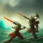 Placeholder: an ibis warrior in orange and green full battle armor, a highly detailed illustration, background of giant crashing ocean waves, realistic render, 8 k, micro detail, intricate, elegant, centered, digital painting, Artstation, smooth, sharp focus, illustration, artgerm, tomasz alen kopera, peter mohrbacher, donato giancola, joseph christian leyendecker, wlop, boris vallejo