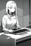 Placeholder: thin hacker girl use a laptop on a table sitting in a cafe, line arts, greyscale