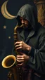 Placeholder: Hieronymus Bosch style , a hooded man playing the saxophone